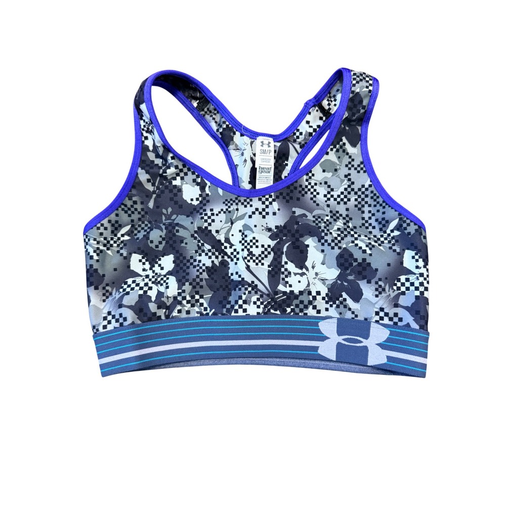 Under Armour Compression Sports Bra Blue Floral Checkered Size SM/P NWOT